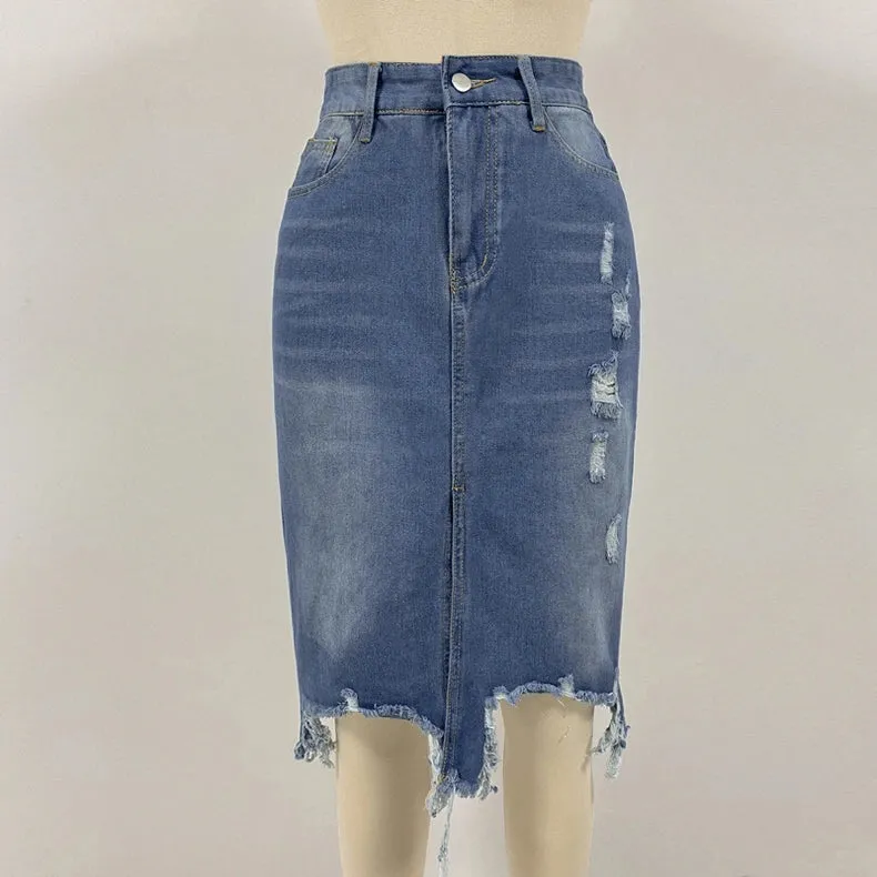 Irregular Ripped Fringed Denim Skirt