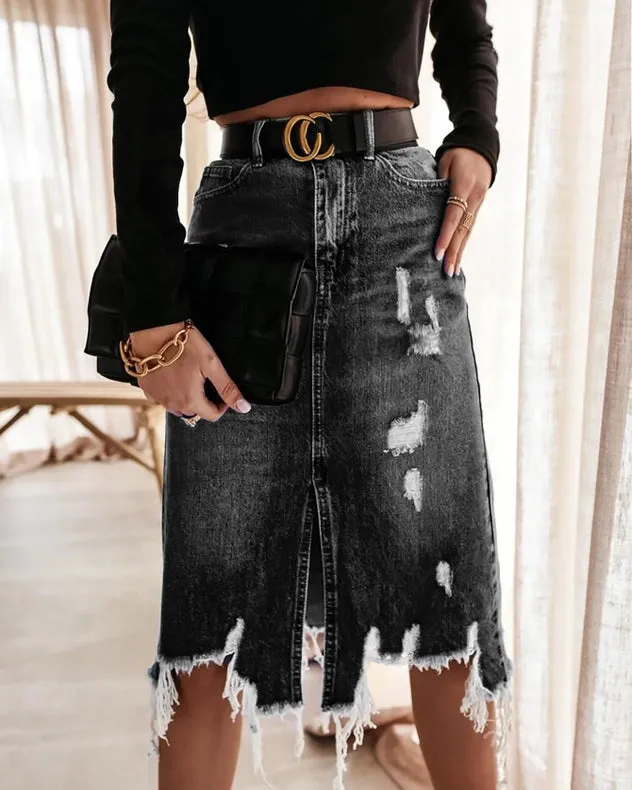 Irregular Ripped Fringed Denim Skirt