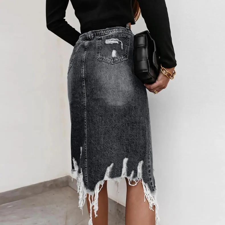Irregular Ripped Fringed Denim Skirt