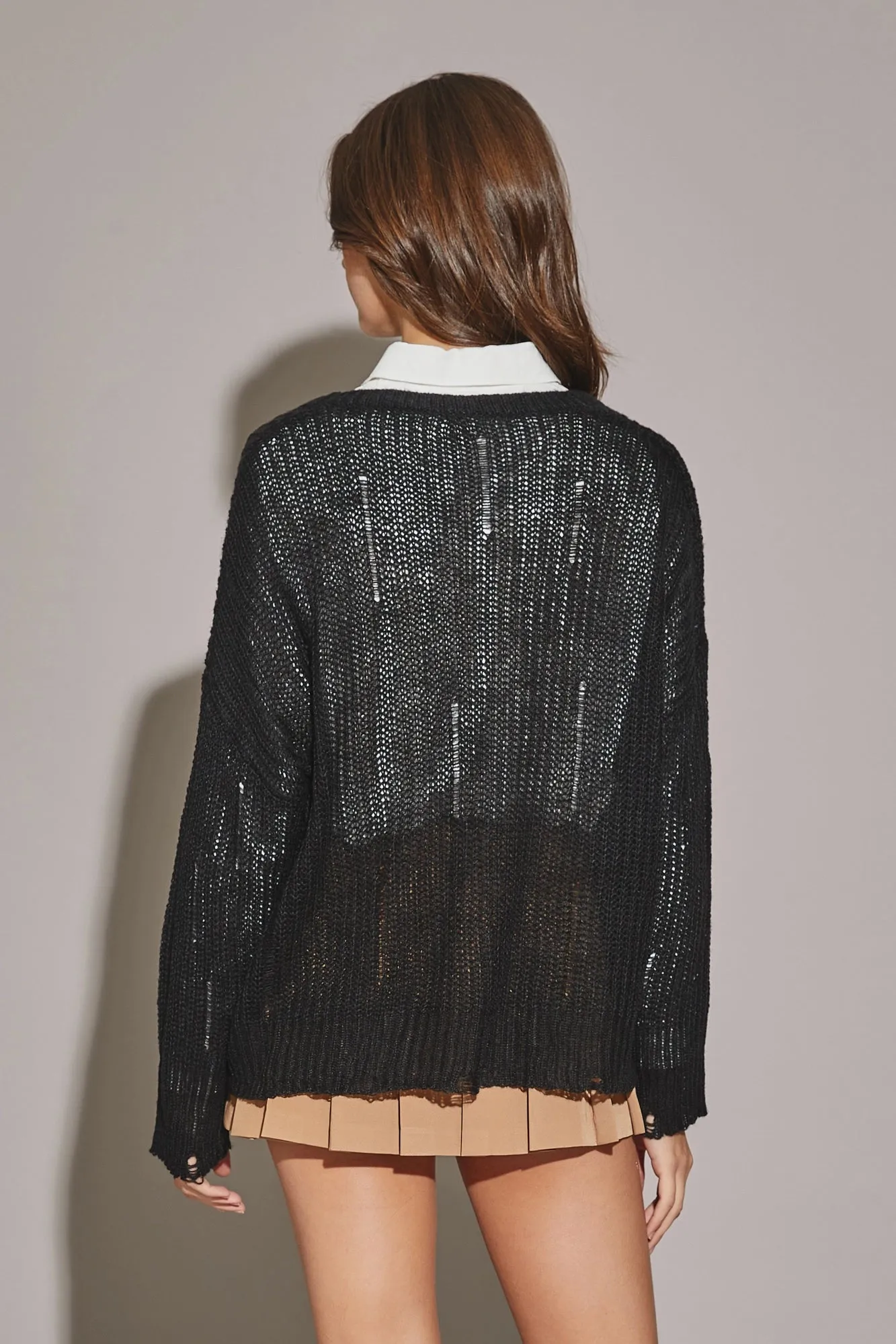 Long Sleeve Loose Fit Distressed Sweater