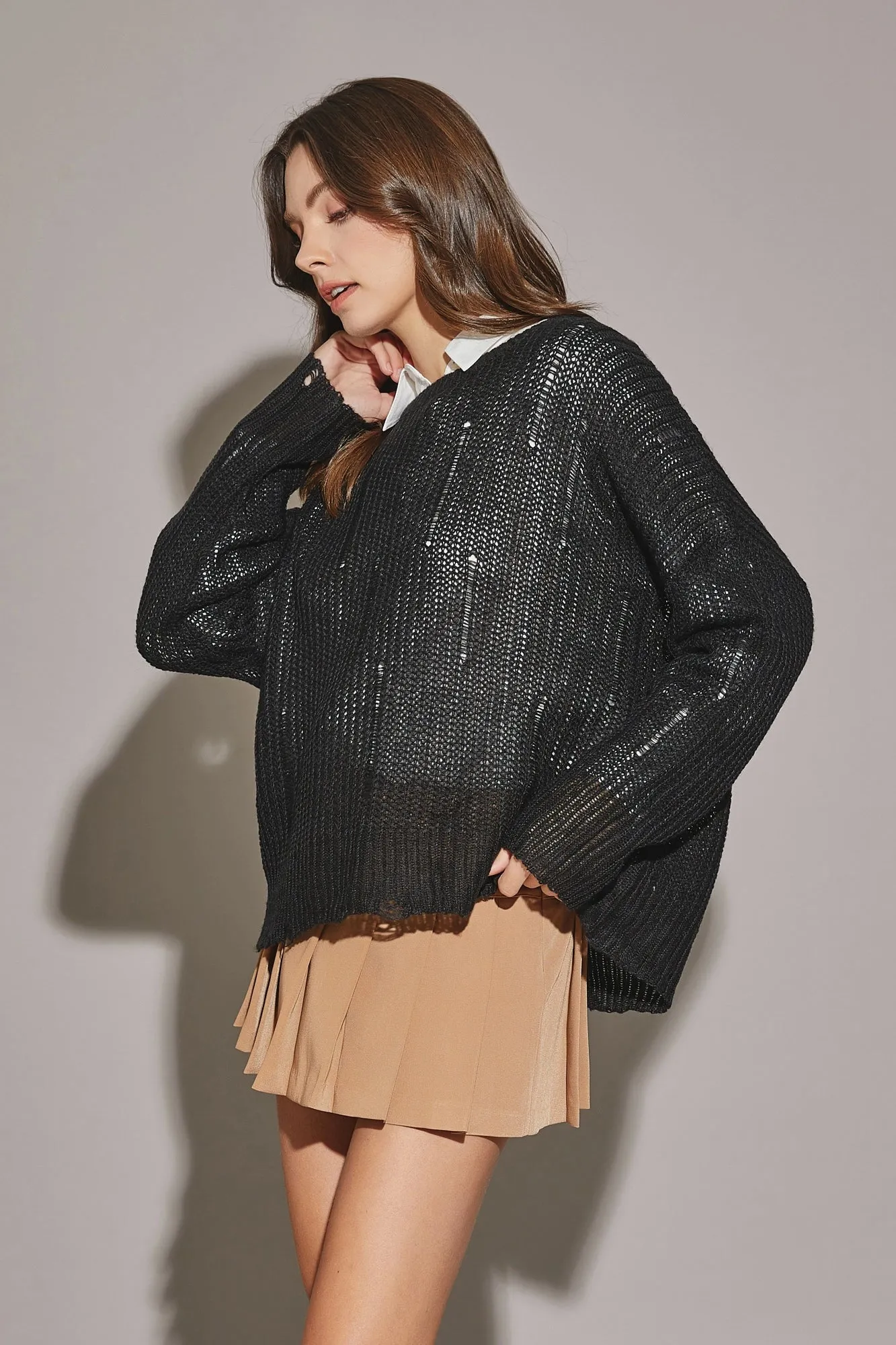 Long Sleeve Loose Fit Distressed Sweater