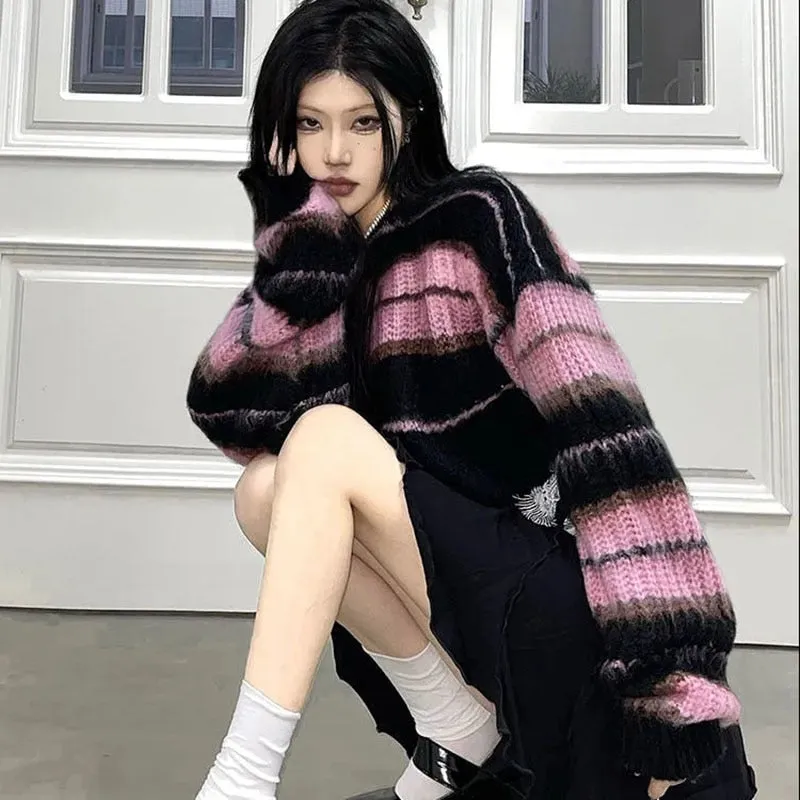 'Milkshake' Black & Pink Stripe Sweater - Grunge, Emo, Goth