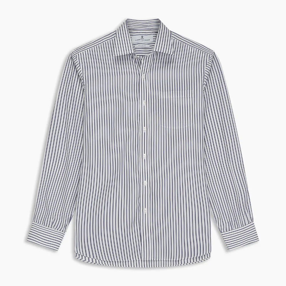 Navy Stripe Weekend Fit Shirt with Derby Collar and 1-Button Cuffs