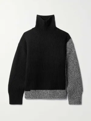 Panelled ribbed merino wool turtleneck sweater