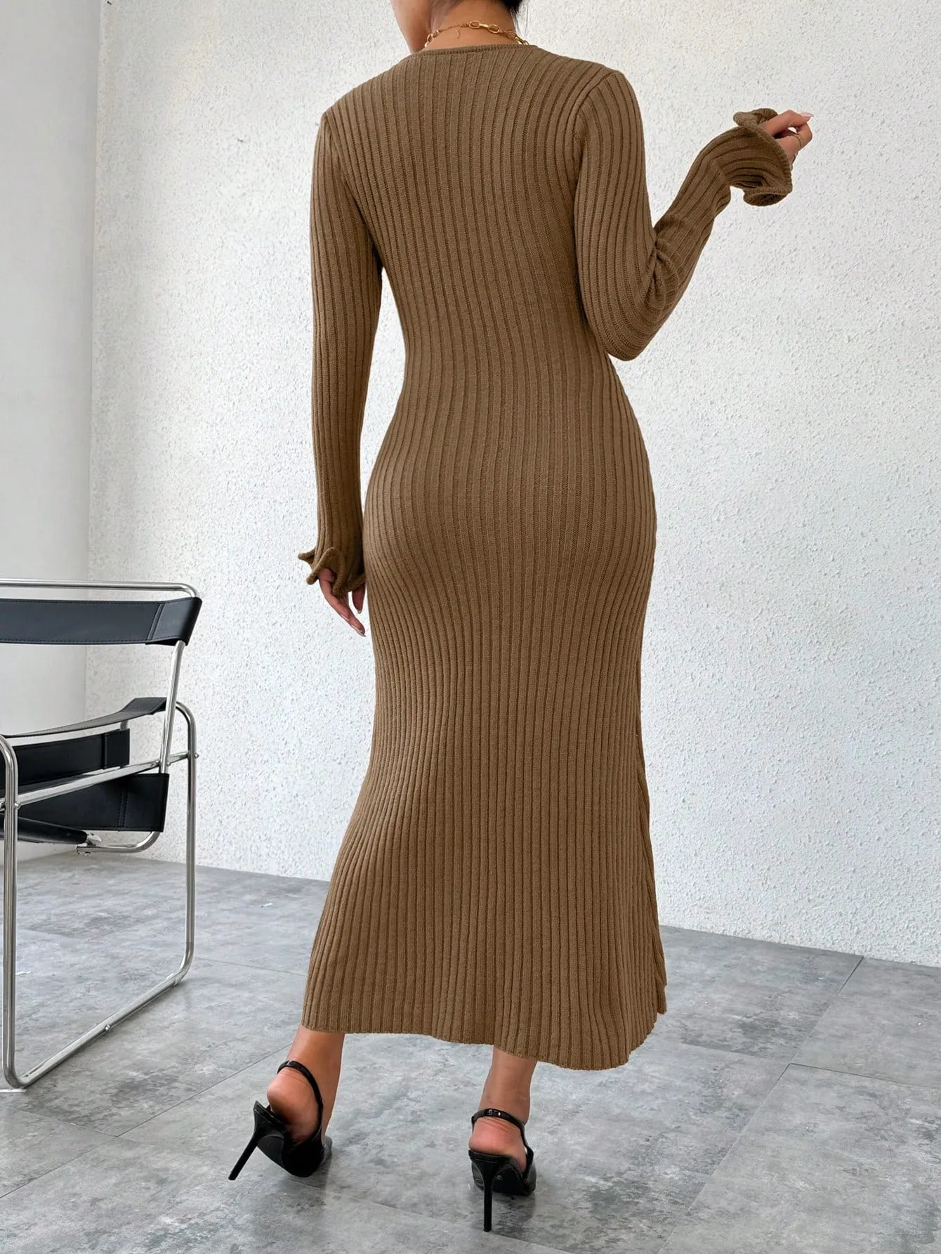 Parien V-Neck Ruffled Long Sleeve Sweater Dress