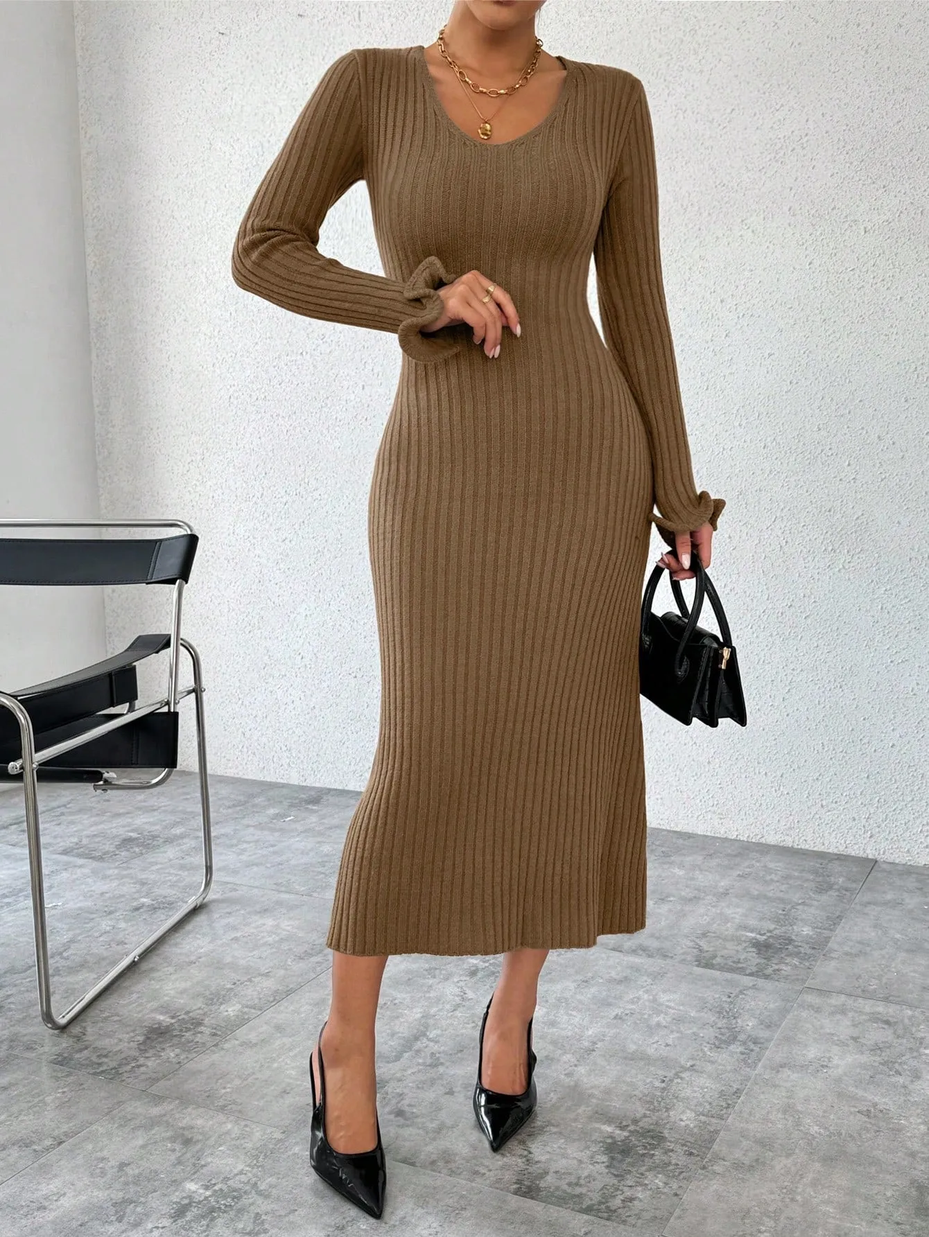 Parien V-Neck Ruffled Long Sleeve Sweater Dress