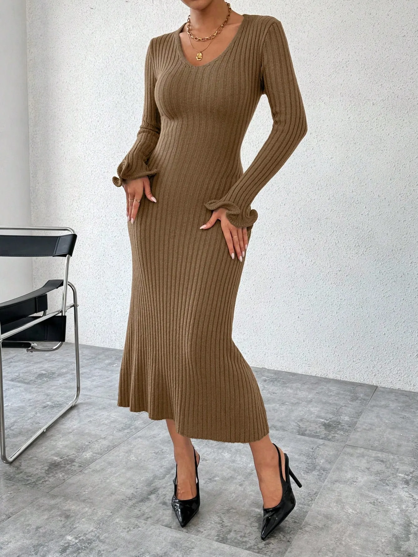 Parien V-Neck Ruffled Long Sleeve Sweater Dress