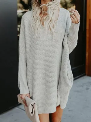 Plain Pockets V-neck Loose Casual Knit Dress