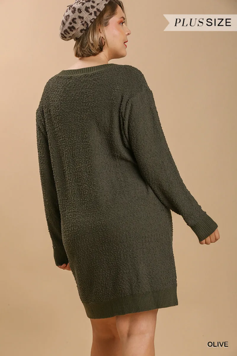 Round Neck Long Sleeve Sweater Dress with Ribbed Hem