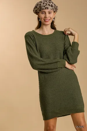 Round Neck Long Sleeve Sweater Dress with Ribbed Hem