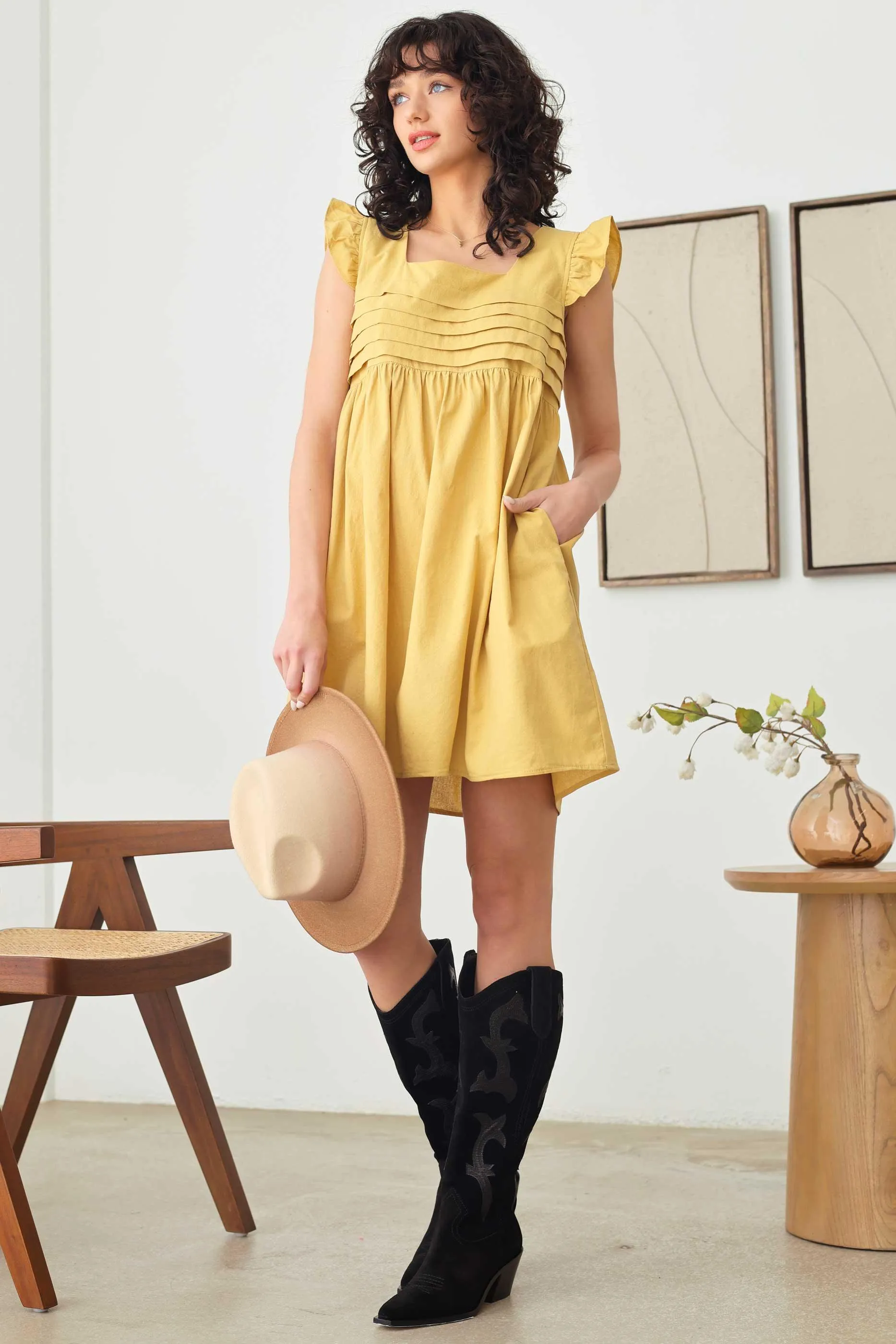 Ruffle Cap Sleeve Pleated Bust A-Line Babydoll Mini Dress