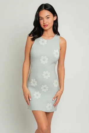 Sleeveless Round Neck Floral Printed Sweater Mini Dress