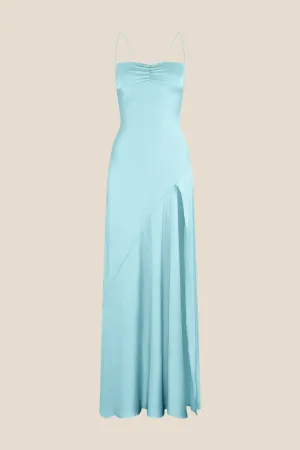 Spaghetti Straps Blue Long Dress with Slit