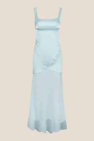 Square Neck Blue Chiffon Spliced Long Dress