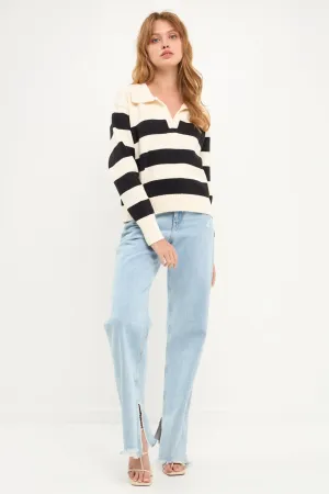 Stripe V-neckline with Collar Sweater
