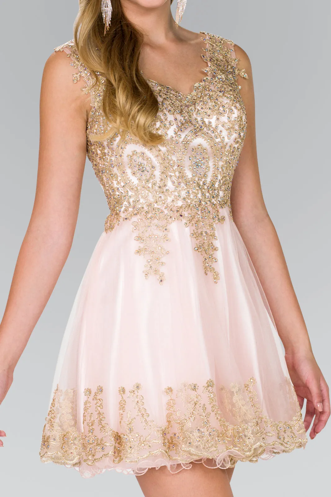 Tulle Short Dress Accented with Gold Lace GLGS2403
