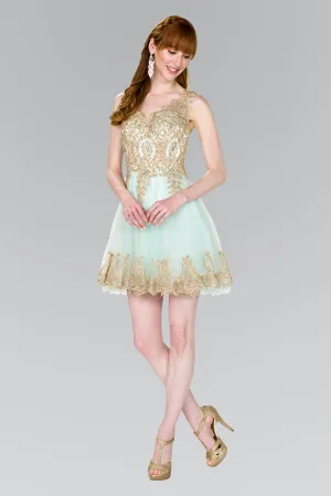 Tulle Short Dress Accented with Gold Lace GLGS2403