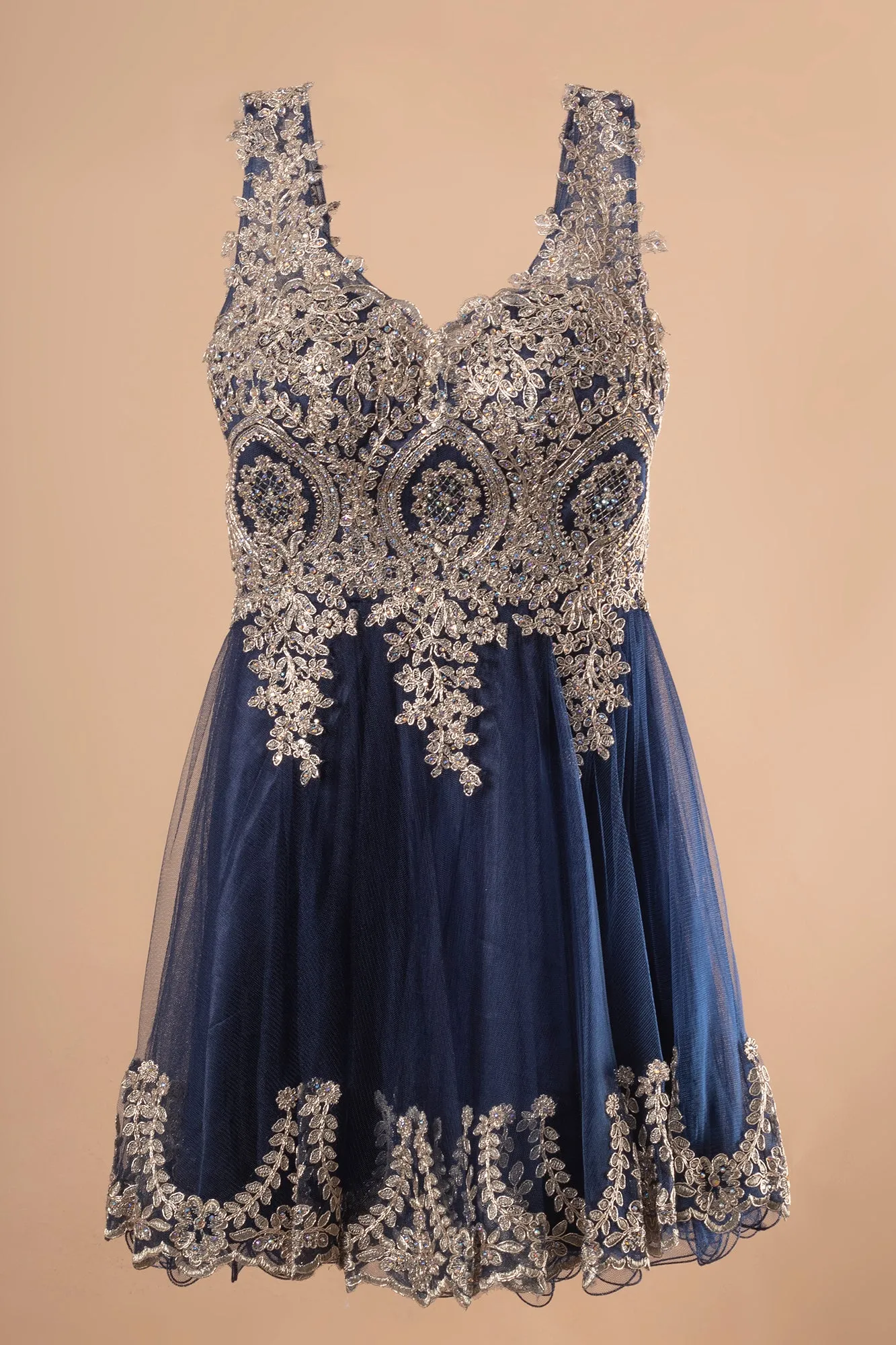 Tulle Short Dress Accented with Gold Lace GLGS2403
