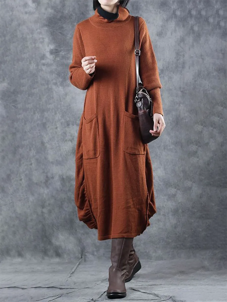 Vintage Loose Pocket High Neck Women'S Dress