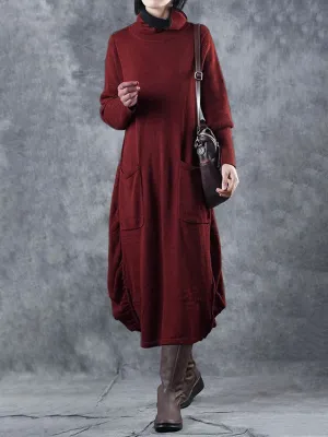 Vintage Loose Pocket High Neck Women'S Dress