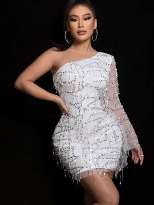Wedding Guests / One Shoulder Sleeve Spliced Mesh Sequin Dress