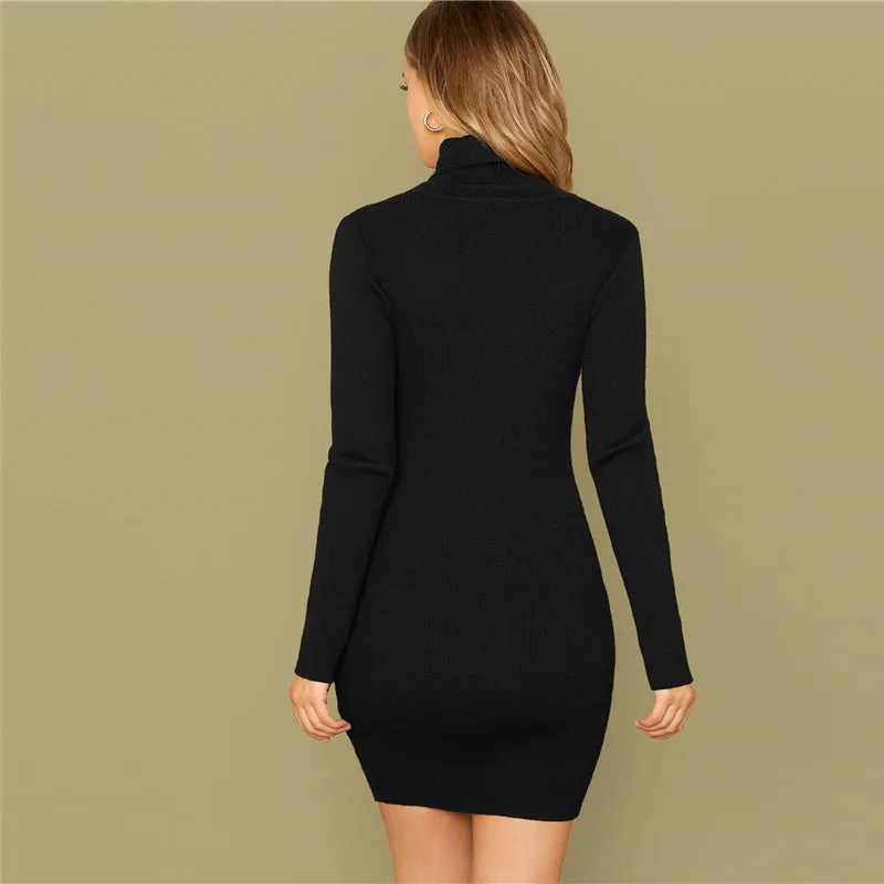 Women's Autumn High-Neck Mini Sheath Sweater Dress