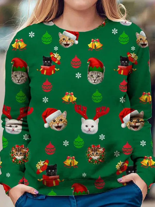 Women's Christmas Cat Print Festive Jumper