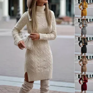 Women's Turtleneck Knitted Sweater Dress – Cozy Elegance with a Modern Slit Design