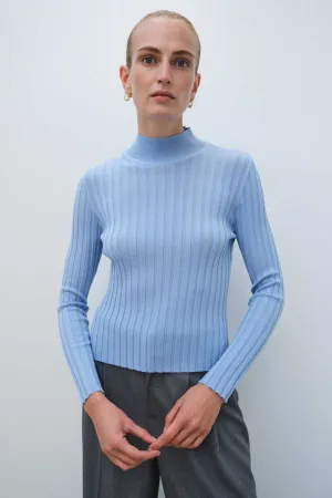 Wool Blended Mock Neck Light Blue Sweater