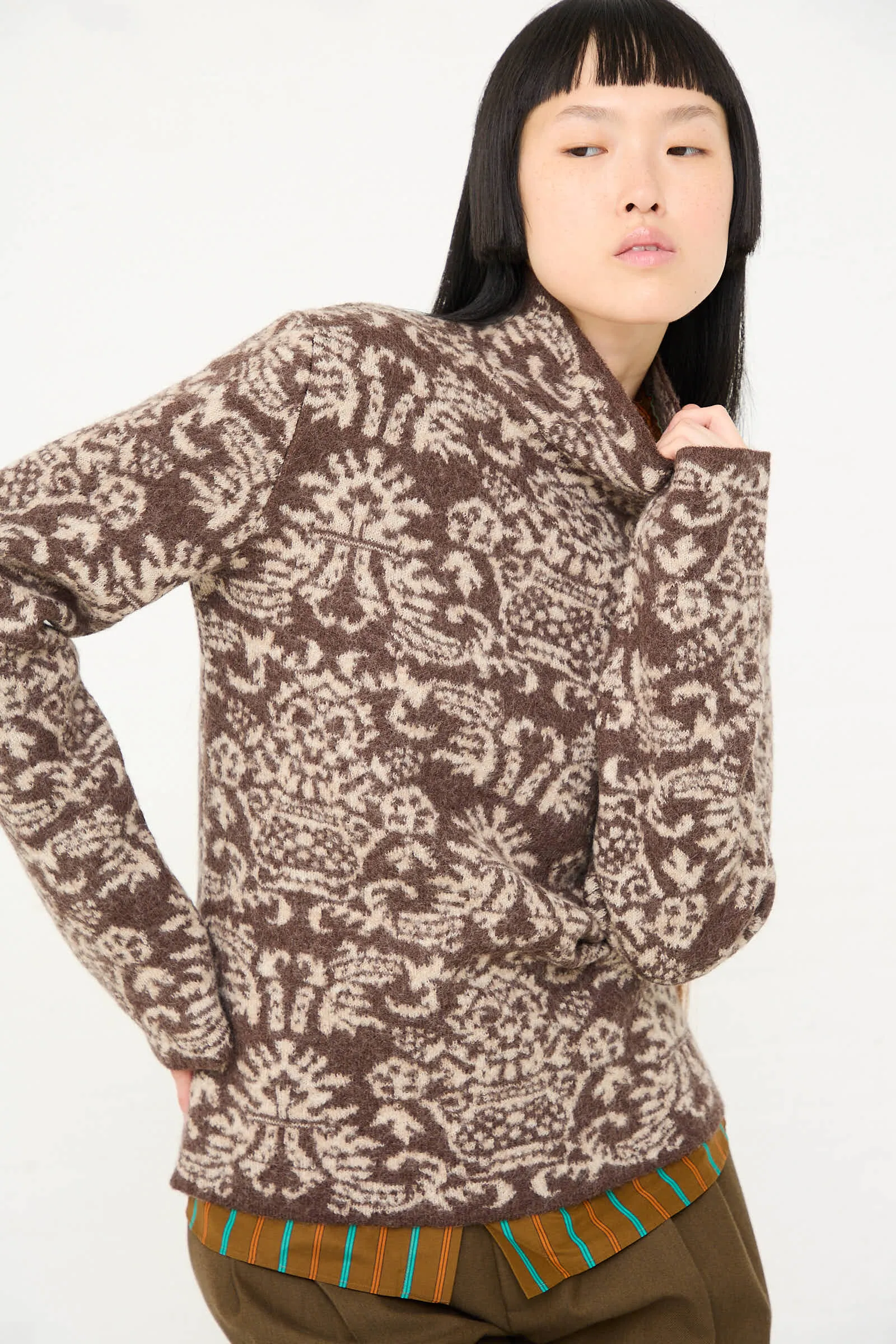 Wool Felted Jacquard Turtleneck Sweater in Mocha and Cream