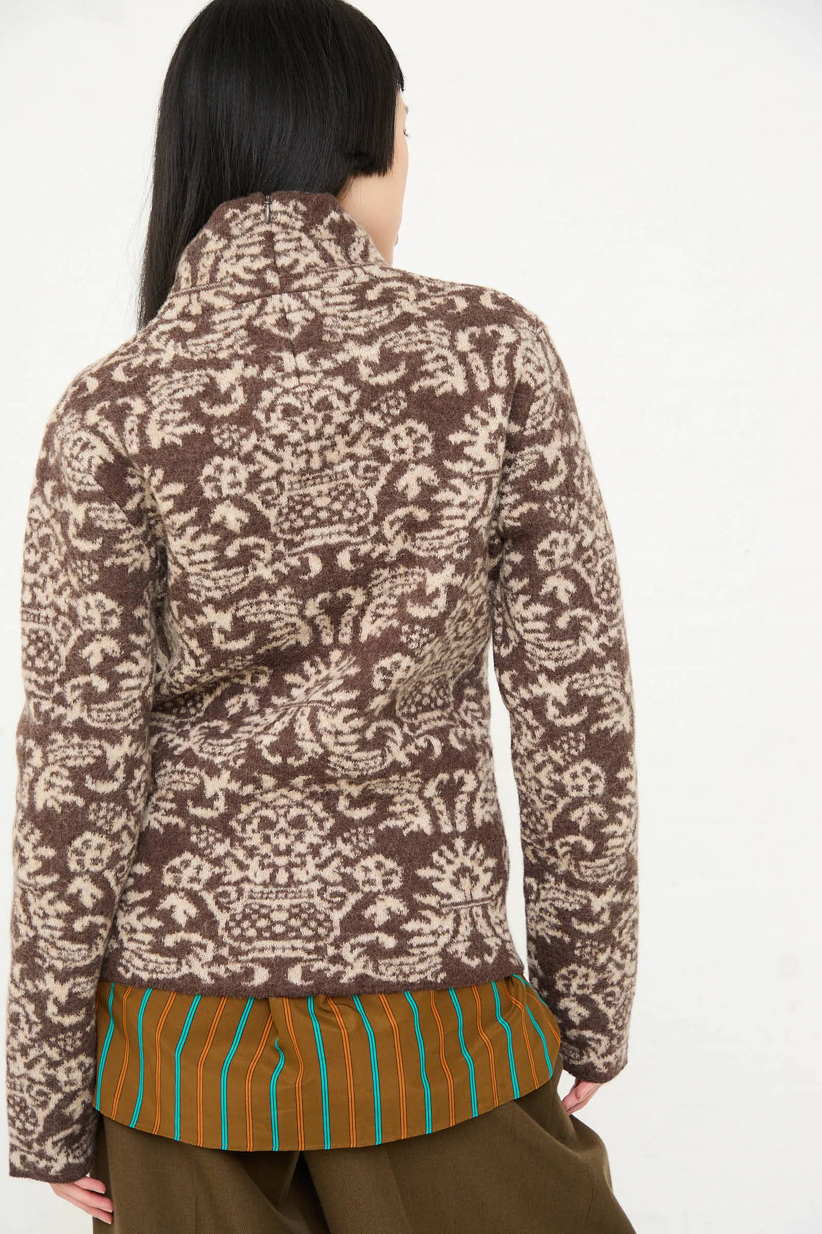 Wool Felted Jacquard Turtleneck Sweater in Mocha and Cream