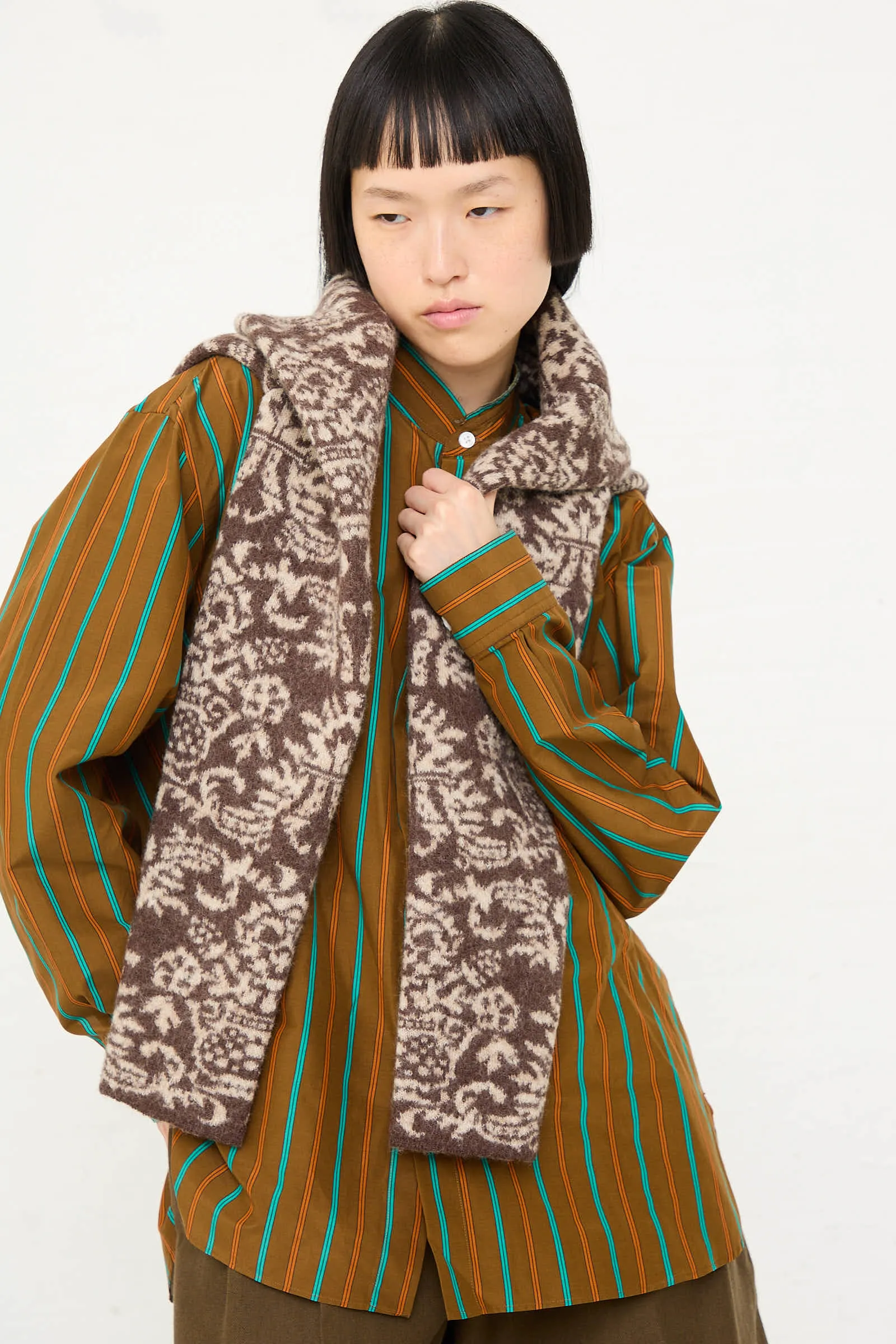Wool Felted Jacquard Turtleneck Sweater in Mocha and Cream