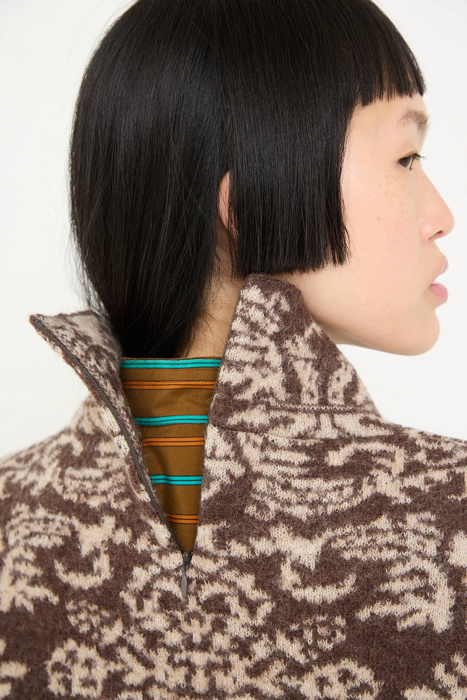 Wool Felted Jacquard Turtleneck Sweater in Mocha and Cream