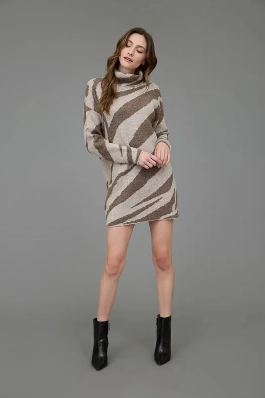 Zebra Print Turtleneck Long Sleeve Sweater Dress BROWN