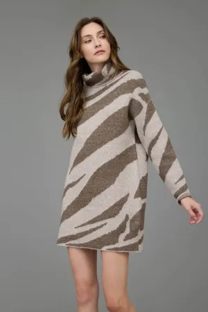 Zebra Print Turtleneck Long Sleeve Sweater Dress BROWN