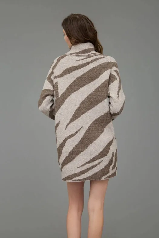 Zebra Print Turtleneck Long Sleeve Sweater Dress BROWN