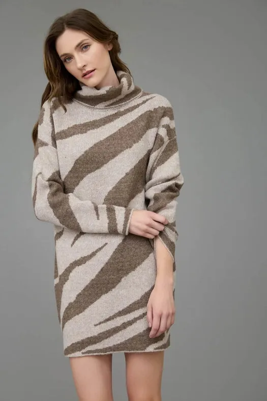 Zebra Print Turtleneck Long Sleeve Sweater Dress BROWN