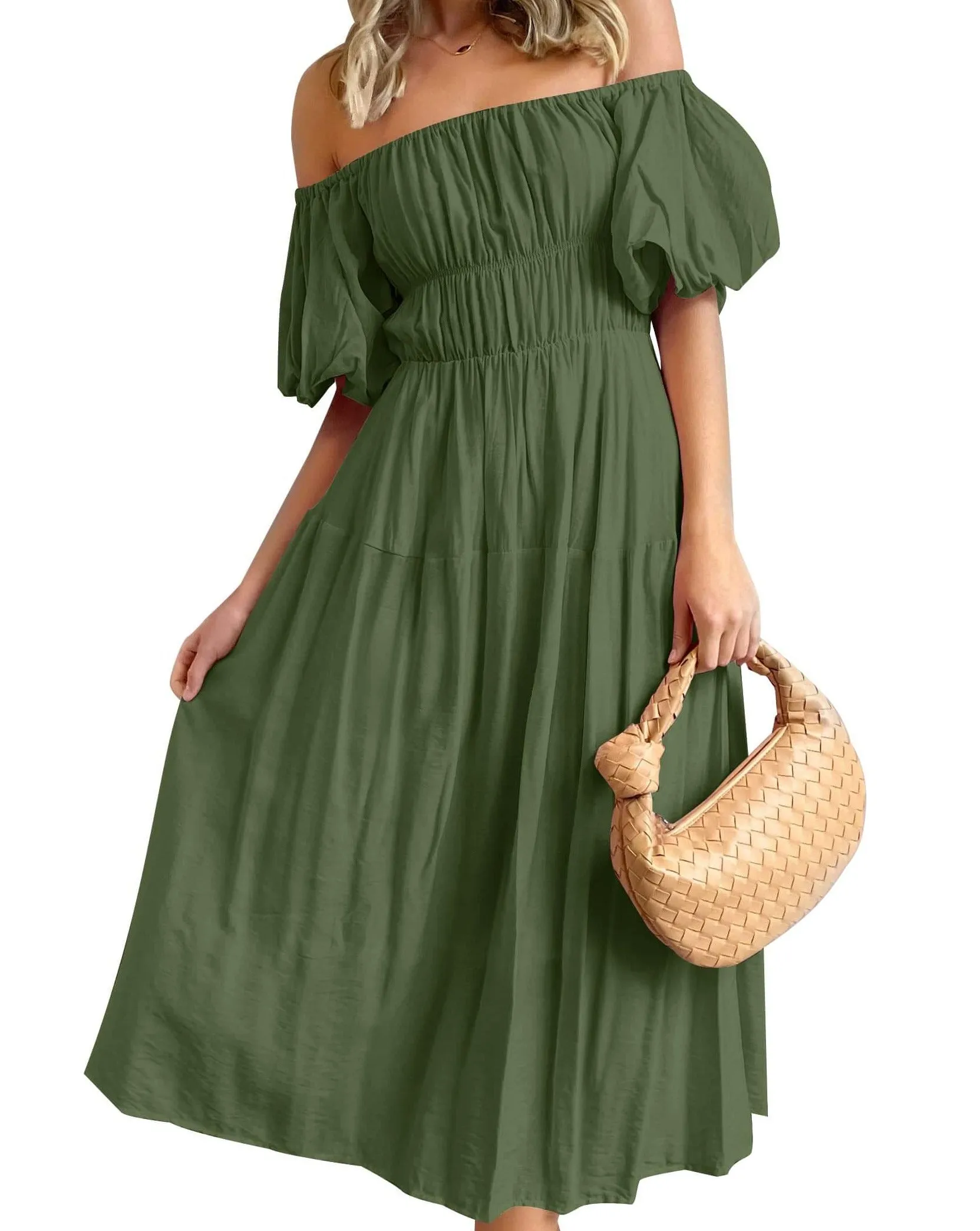 ZESICA Boho Off Shoulder Ruffled Flowy Midi Dress